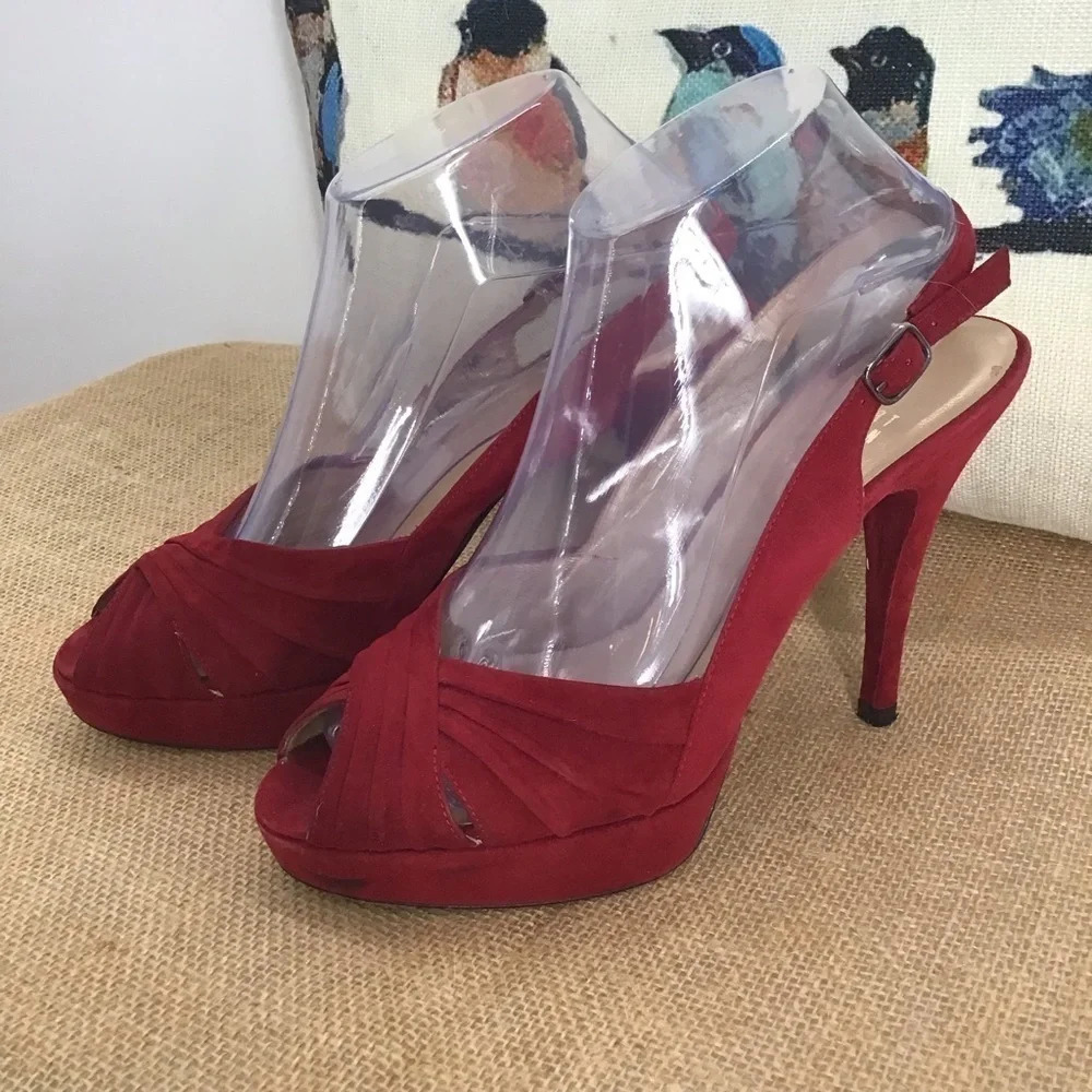 Stuart Weizmann Women’s Red Suede Leather Party Platform Sling Heels Size 7.5 - Picture 3 of 11